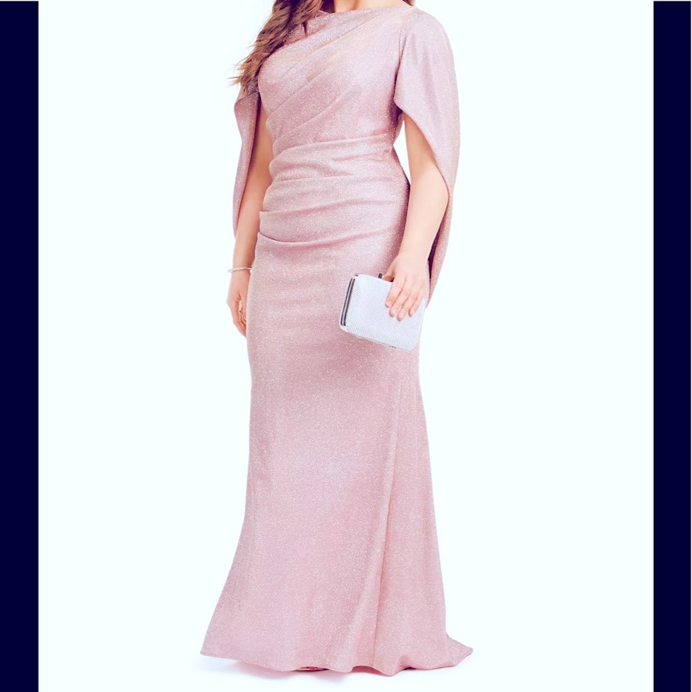 Betsy & Adam Galaxy Glitter Pink Draped Gown